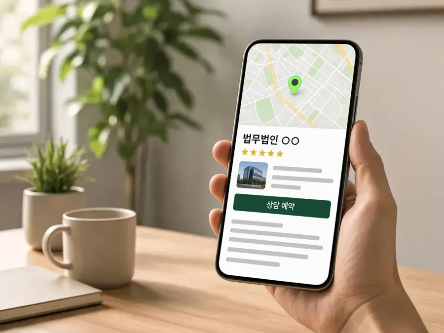 지도와 상담 예약 버튼이 있는 업체 정보 화면 예시